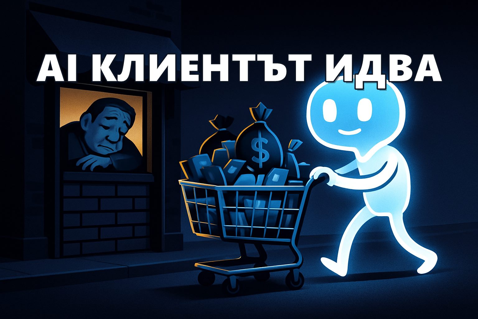 AI чат робот бута препълнена пазарска количка към малък магазин, чиято врата е зазидана